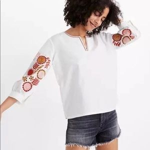 Madewell White Bohemian Puffy Sleeve Embroidered Peasant Blouse